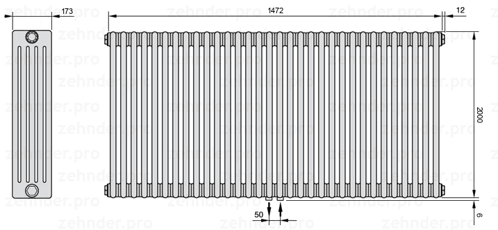 Схема (чертеж) Радиатор Zehnder Charleston 5200/32 №5410 Белый глянцевый RAL 9016
